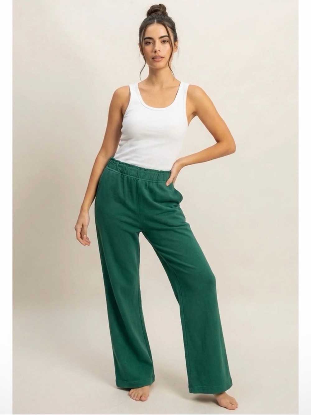 NEW Double Zero Pine Green 100% Cotton Wide Leg Flare Pants - Picture 5 of 6